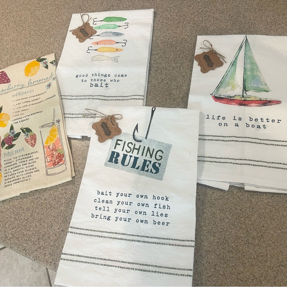 Mud Pie Fishing Rules Kitchen Towel - Green and Black set of 4